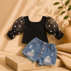 Cotton  Striped Top Ripped Denim Shorts Kids Suit