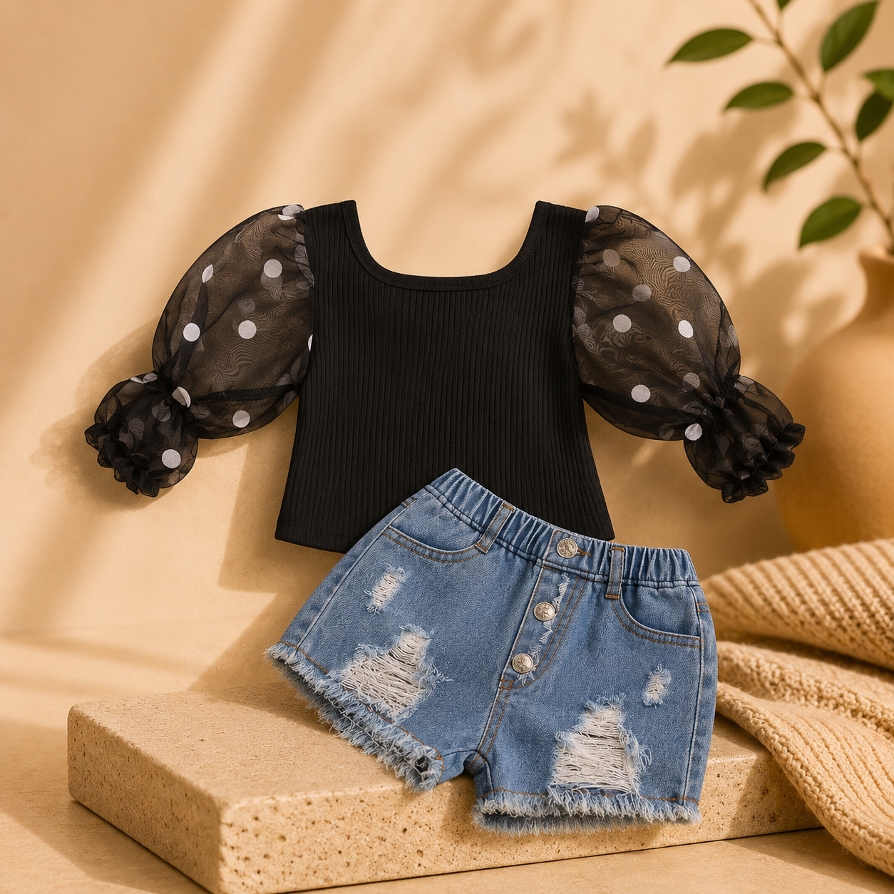 Cotton  Striped Top Ripped Denim Shorts Kids Suit