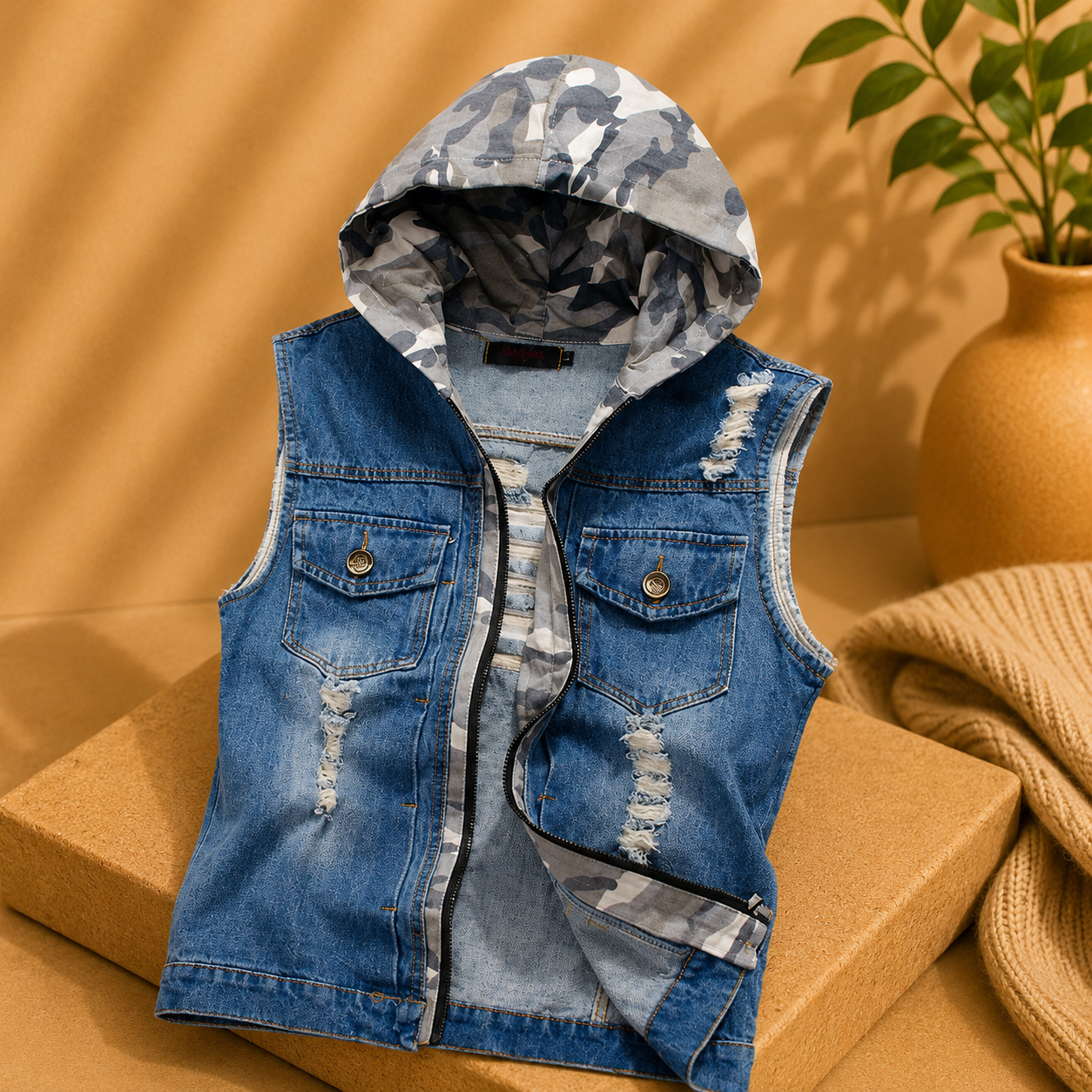 Men's ripped denim vest hooded