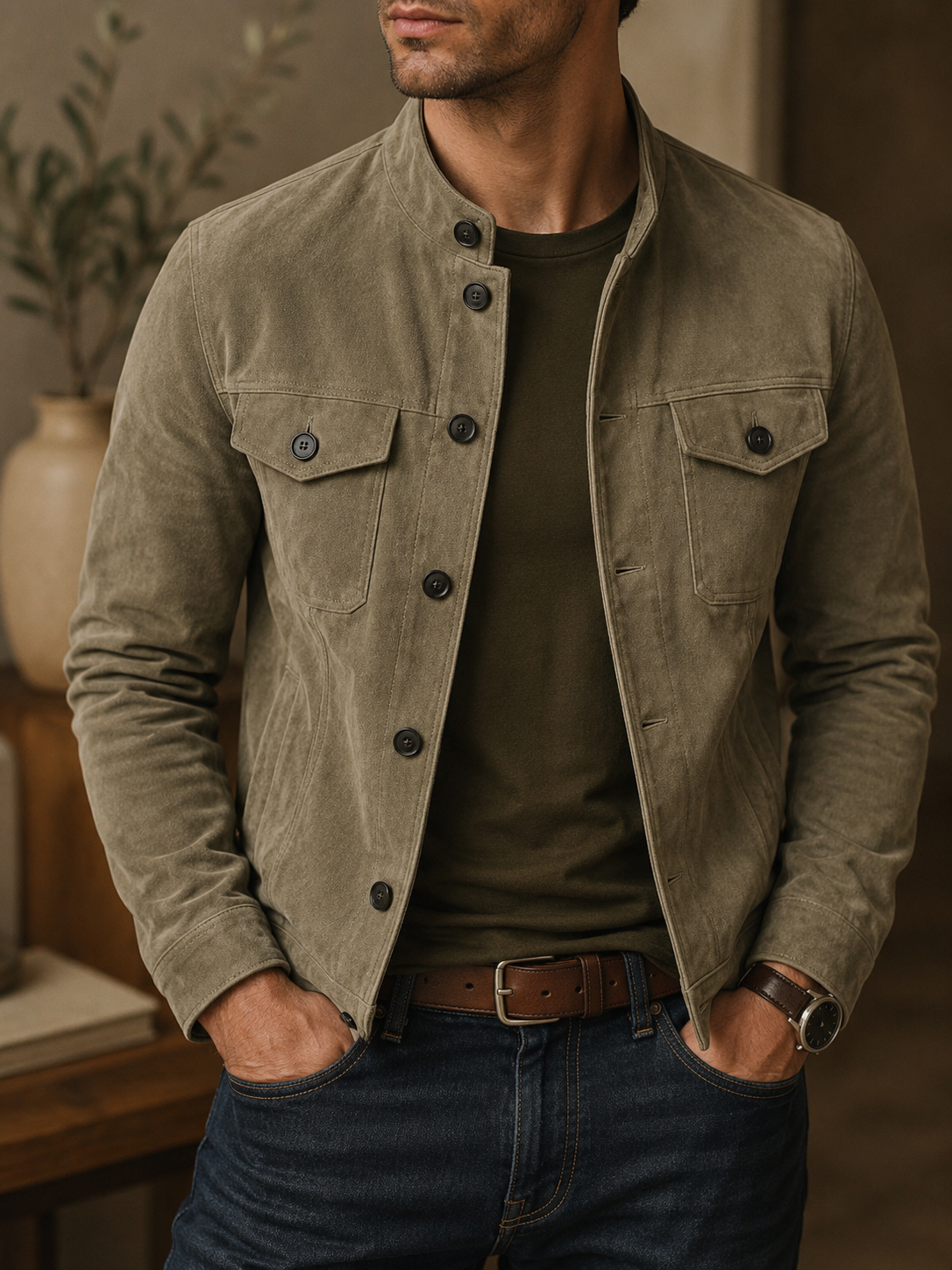 Jacket Men's Casual Motorcycle Faux Suede Tops