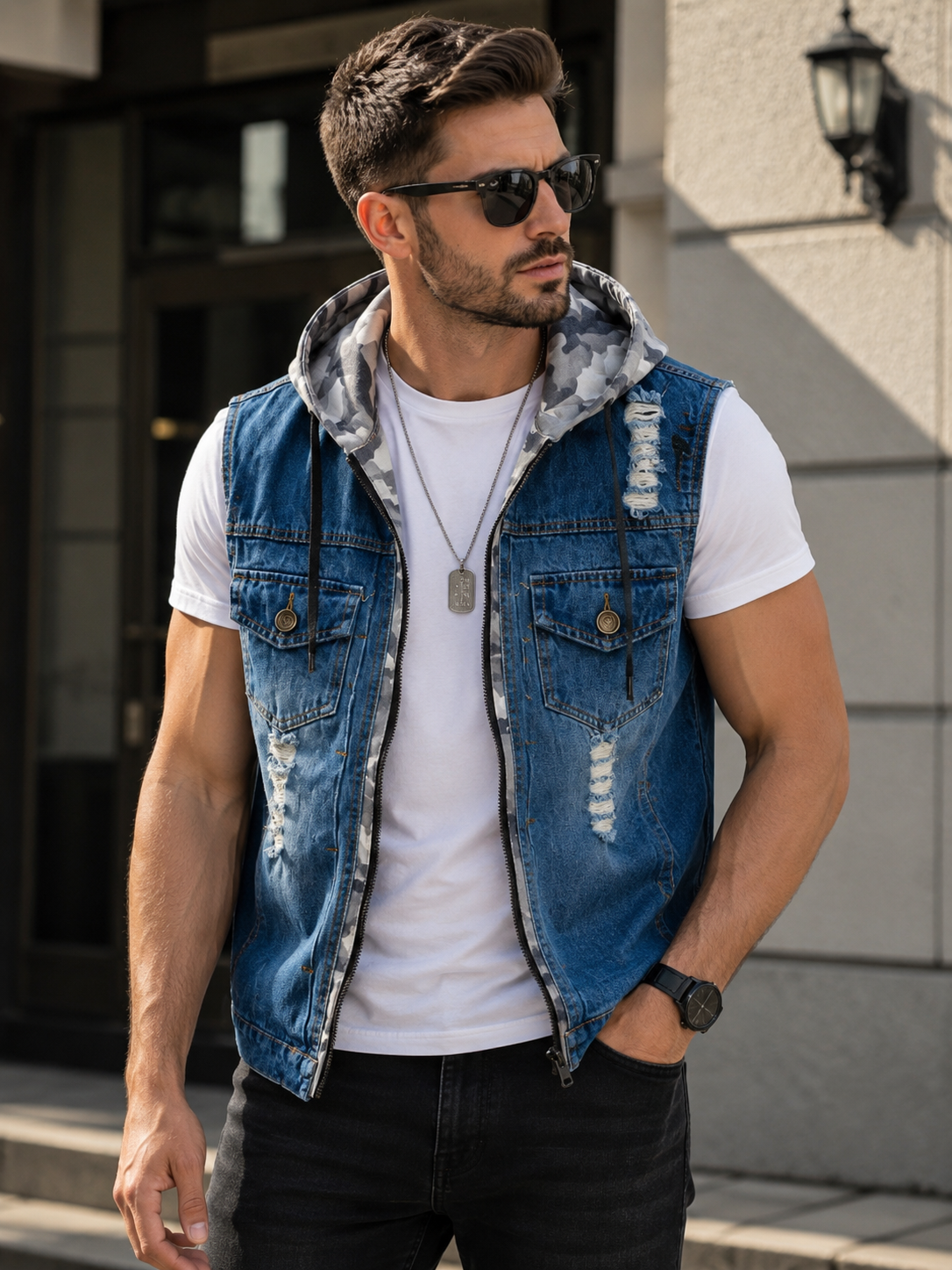 Men's ripped denim vest hooded
