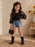 Cotton  Striped Top Ripped Denim Shorts Kids Suit