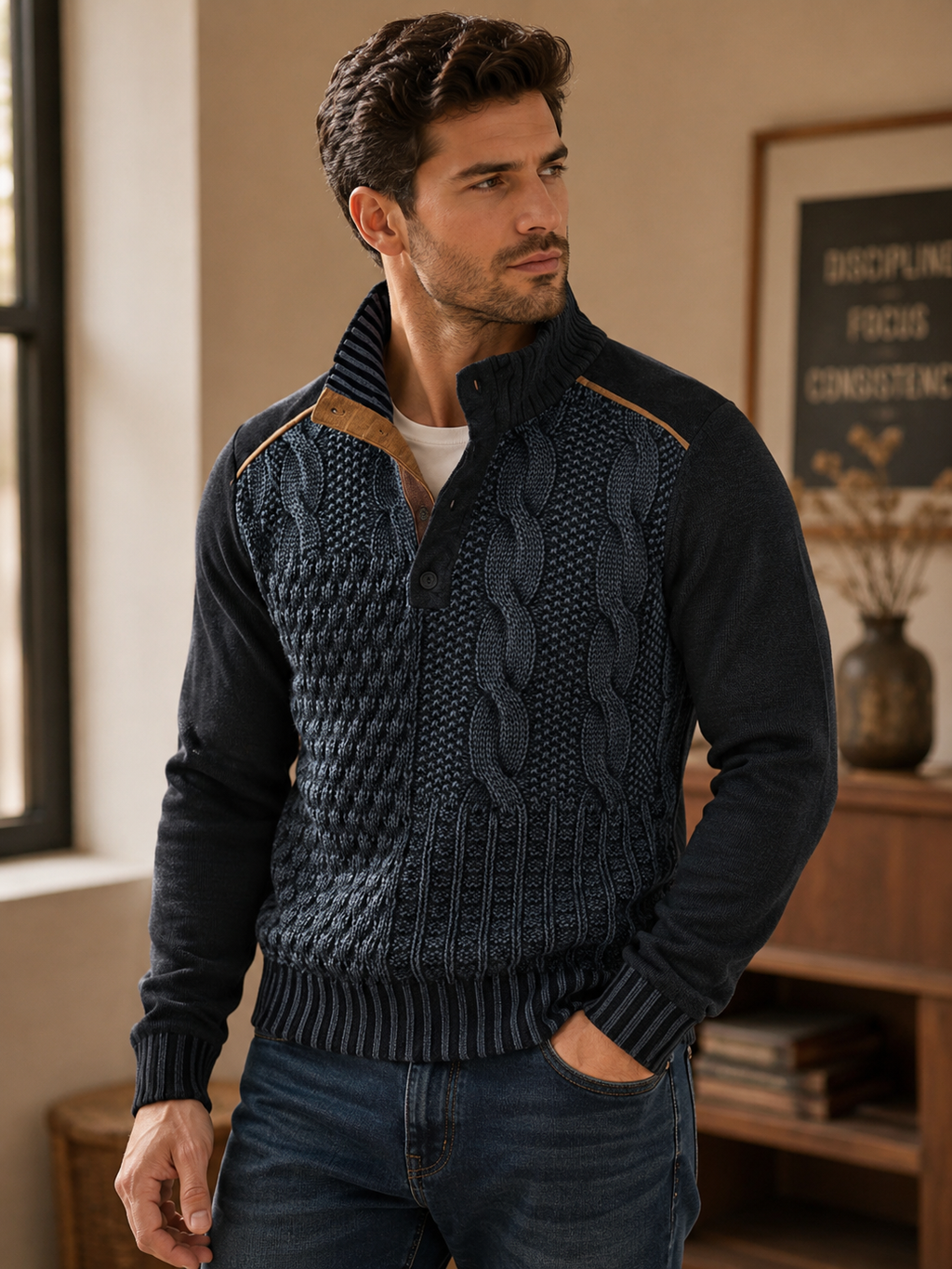 Fall Winter Men Printed Buckle Sweater
